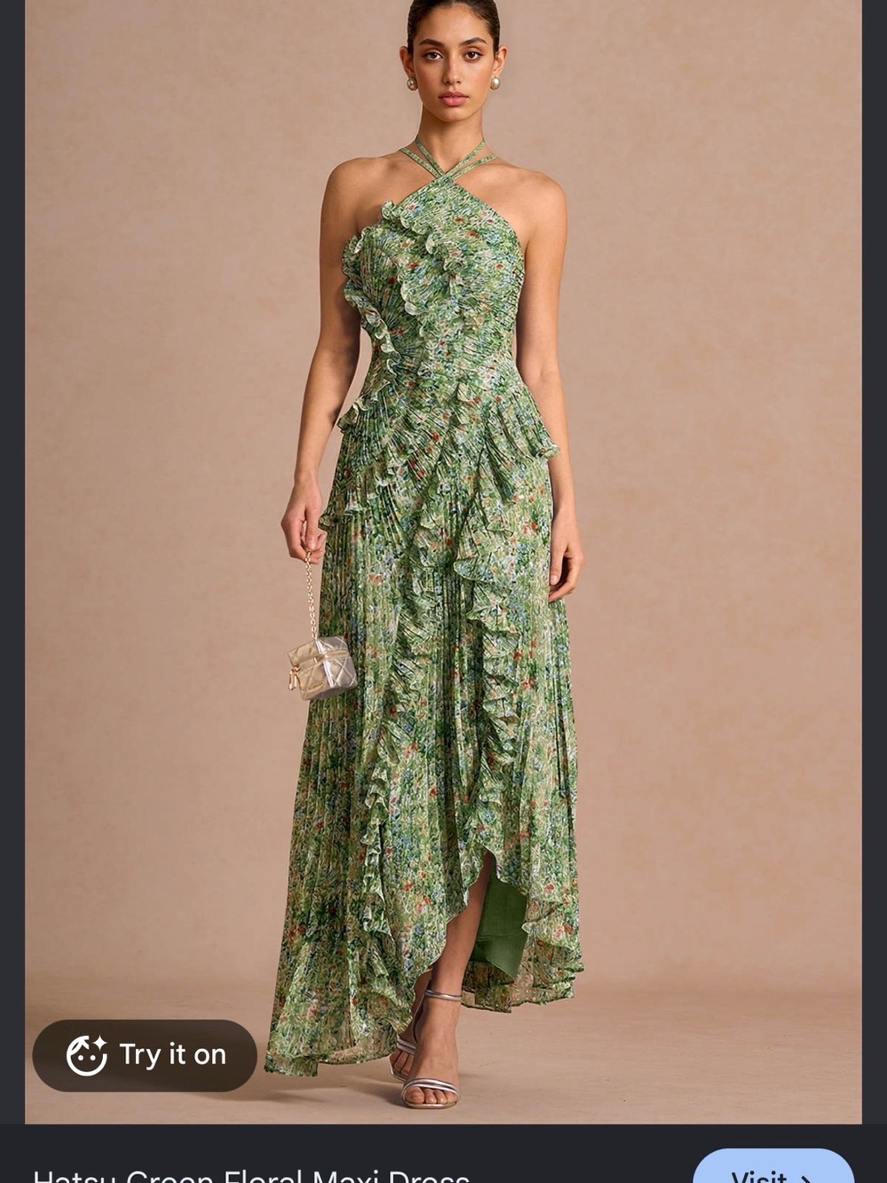 Azazie Green Floral Halter High-Low Ruffle Dress - Picture 2 of 4